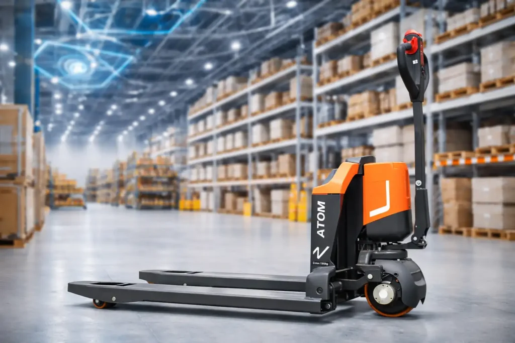 Nowoczesny elektryczny wózek paletowy w magazynie wysokiego składowania, symbol automatyzacji i technologii IoT w logistyce