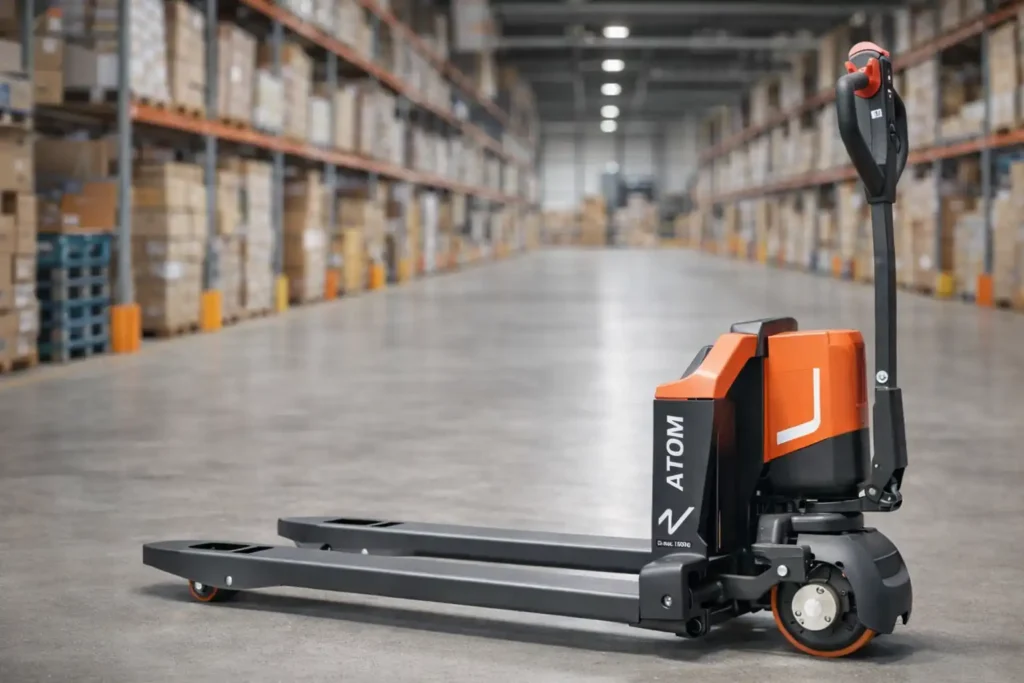 Elektryczny wózek paletowy podczas pracy w nowoczesnym magazynie wysokiego składowania